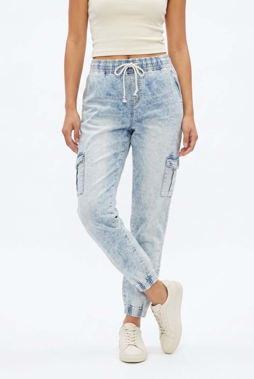 V.I.P. Jeans Acid Wash Cargo Denim Jogger Pants
